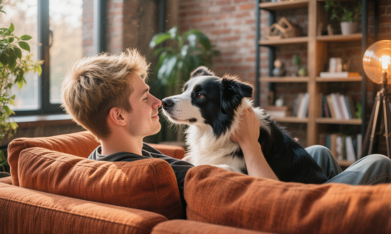 Man on couch with his dog nose to nose
